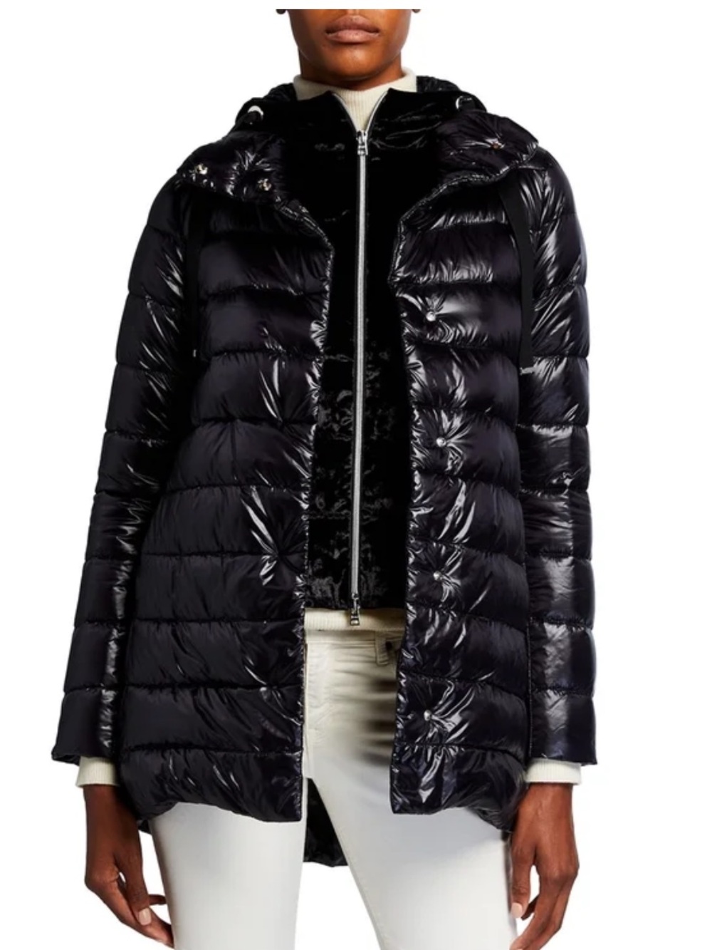 Herno Black Glossy Hooded Puffer Jacket with Removal Sweatshirt  Lining and Hood